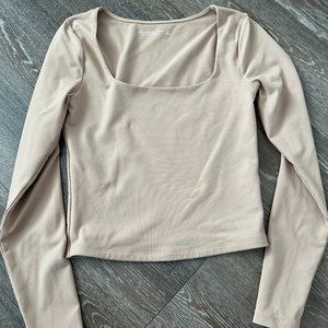 Abercrombie & Fitch Double Layered Tan Long Sleeve Square Neck Top
